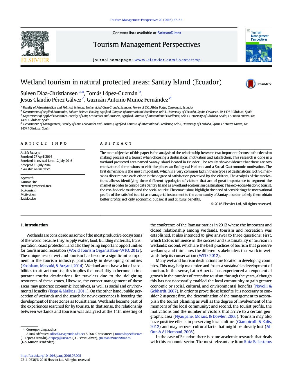 Wetland tourism in natural protected areas: Santay Island (Ecuador)