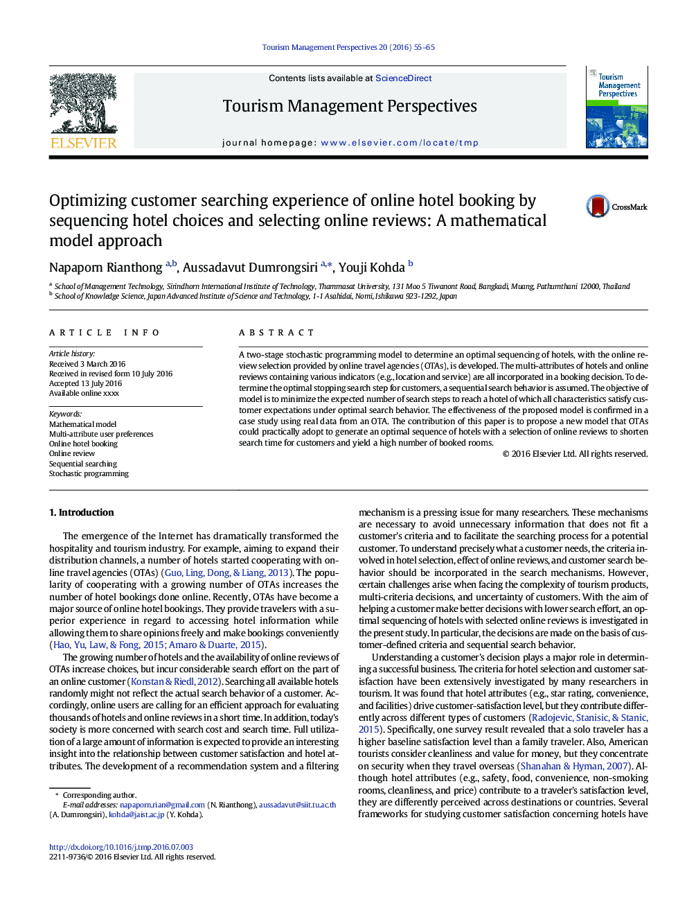 Optimizing customer searching experience of online hotel booking by sequencing hotel choices and selecting online reviews: A mathematical model approach