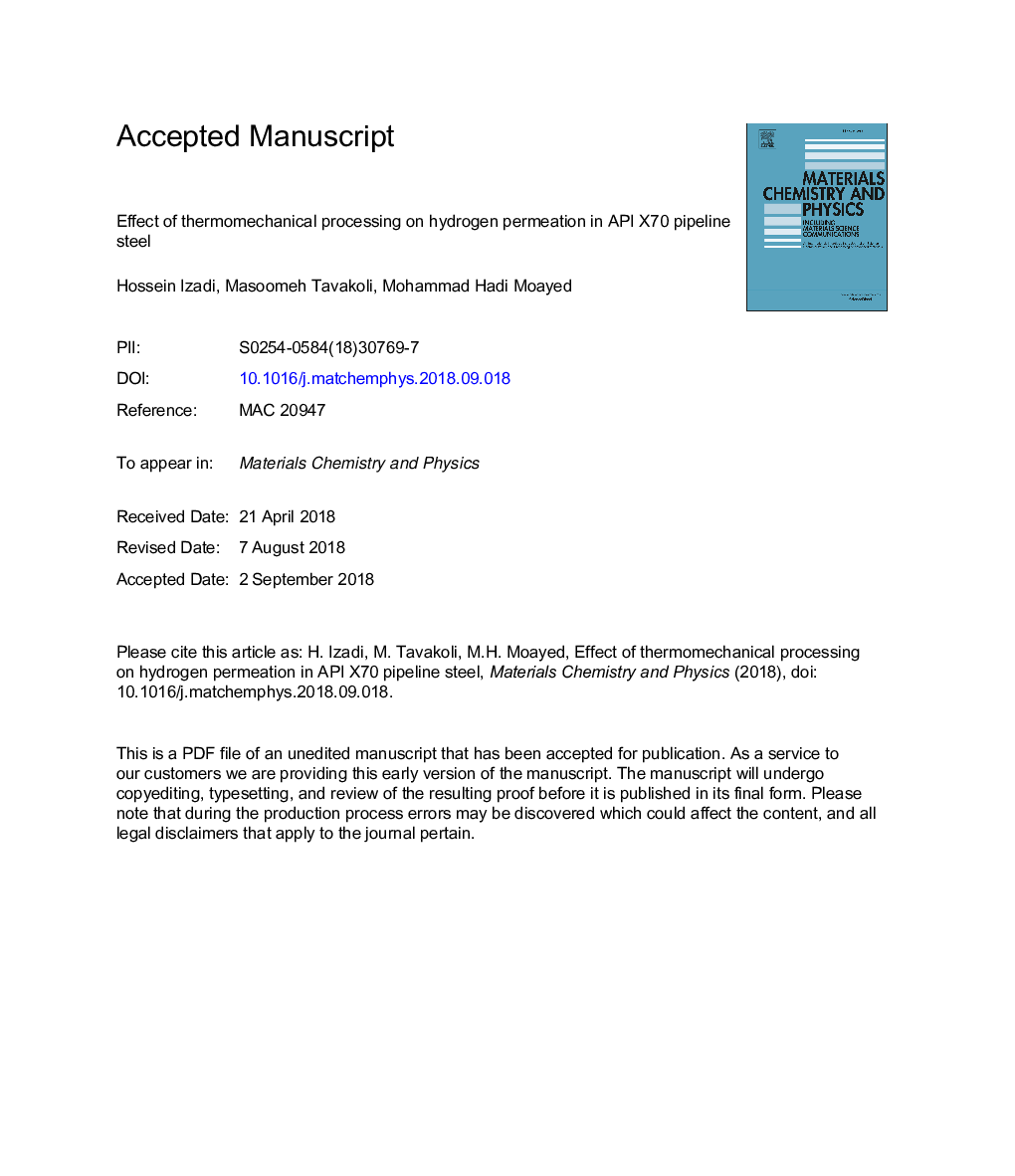 Effect of thermomechanical processing on hydrogen permeation in API X70 pipeline steel