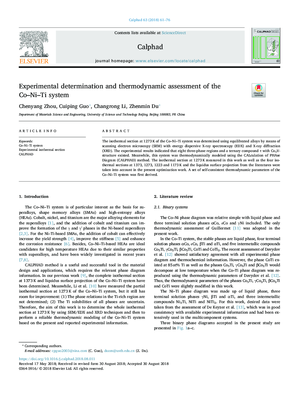 Experimental determination and thermodynamic assessment of the Co-Ni-Ti system