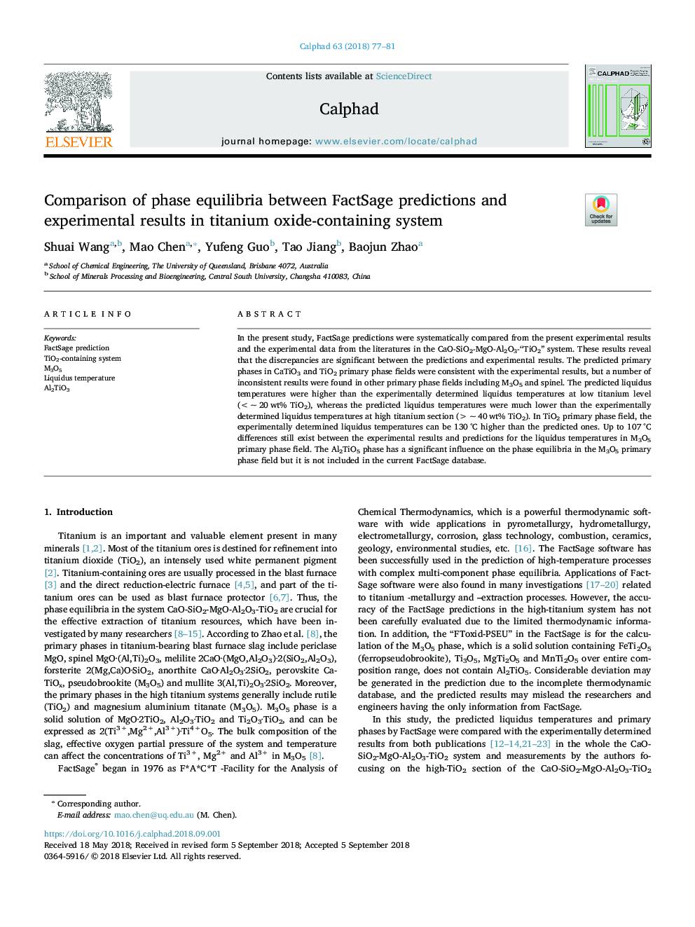 Comparison of phase equilibria between FactSage predictions and experimental results in titanium oxide-containing system