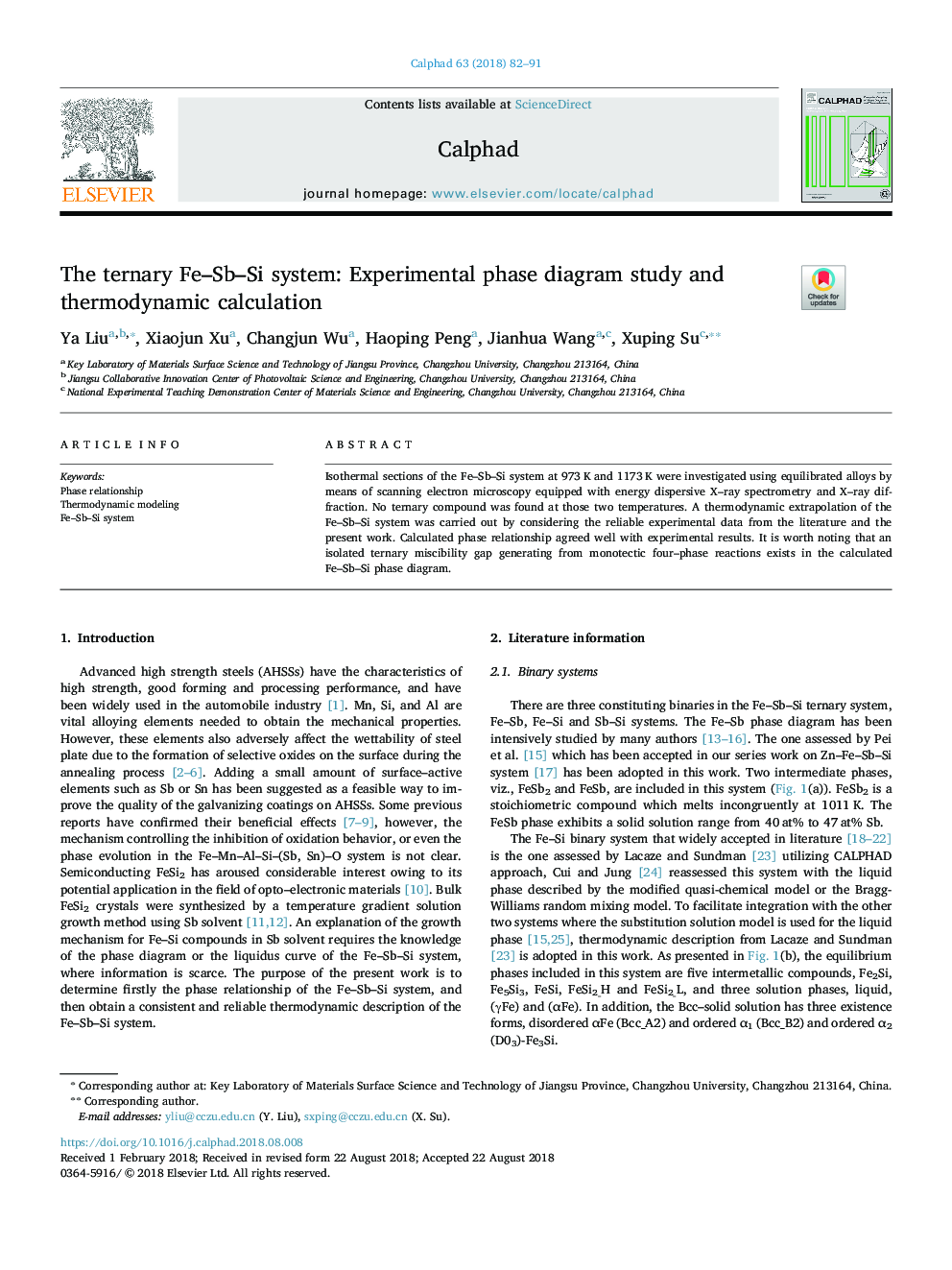 The ternary Fe-Sb-Si system: Experimental phase diagram study and thermodynamic calculation