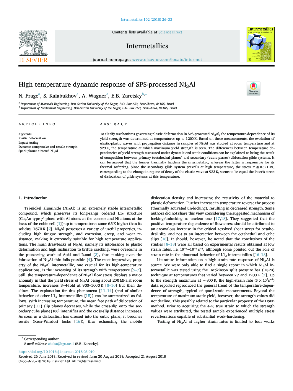 High temperature dynamic response of SPS-processed Ni3Al