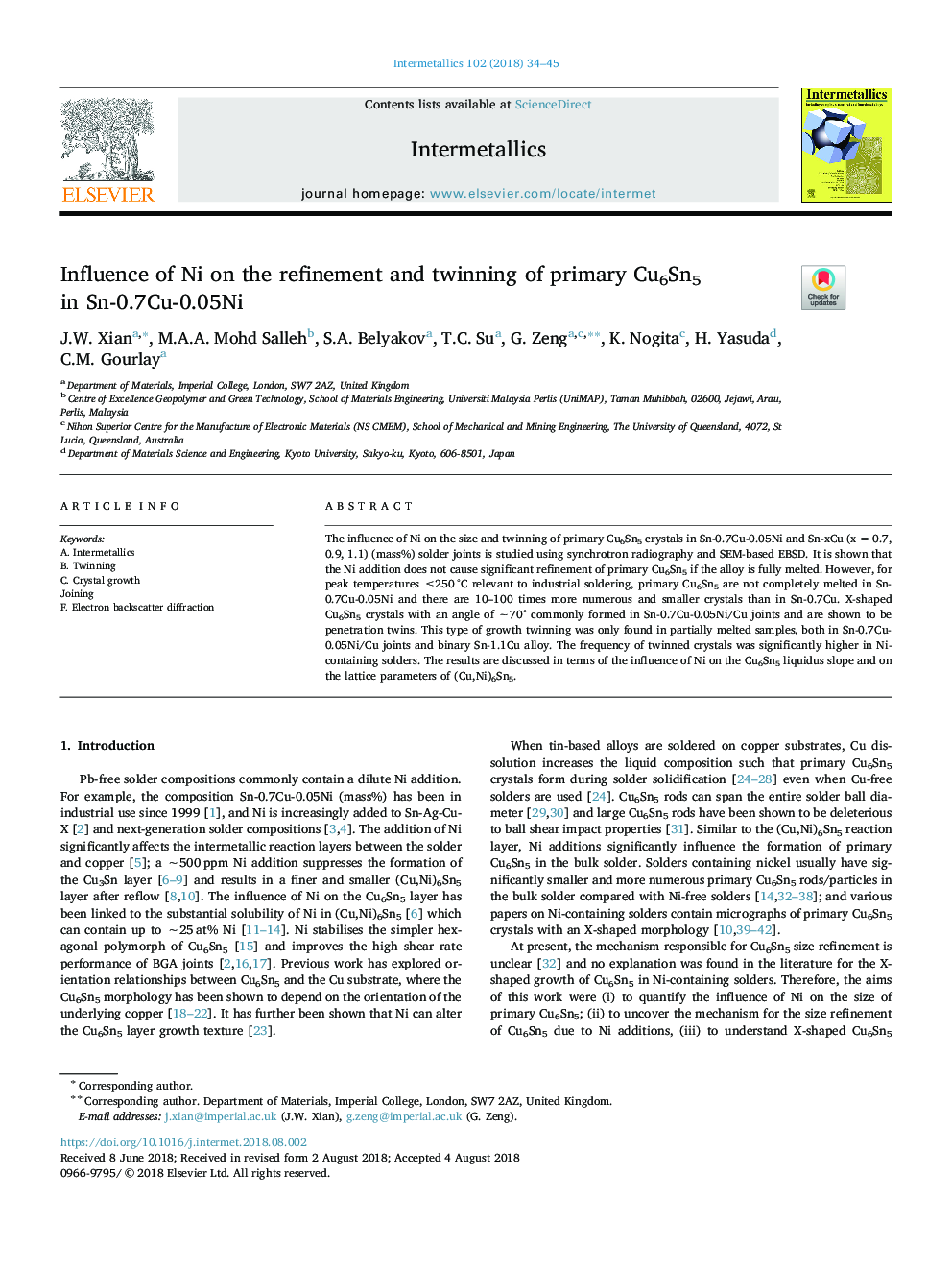 Influence of Ni on the refinement and twinning of primary Cu6Sn5 in Sn-0.7Cu-0.05Ni