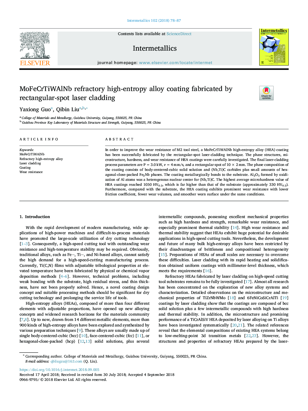 MoFeCrTiWAlNb refractory high-entropy alloy coating fabricated by rectangular-spot laser cladding