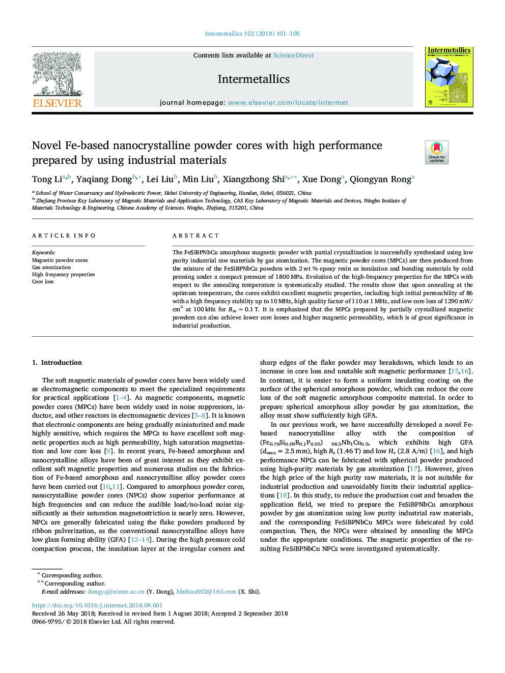 Novel Fe-based nanocrystalline powder cores with high performance prepared by using industrial materials