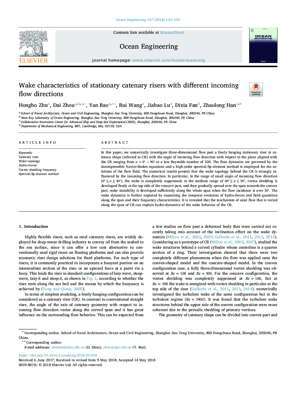 عکس صفحه اول مقاله: Wake characteristics of stationary catenary risers with different incoming flow directions Wake characteristics of stationary catenary risers with different incoming flow directions