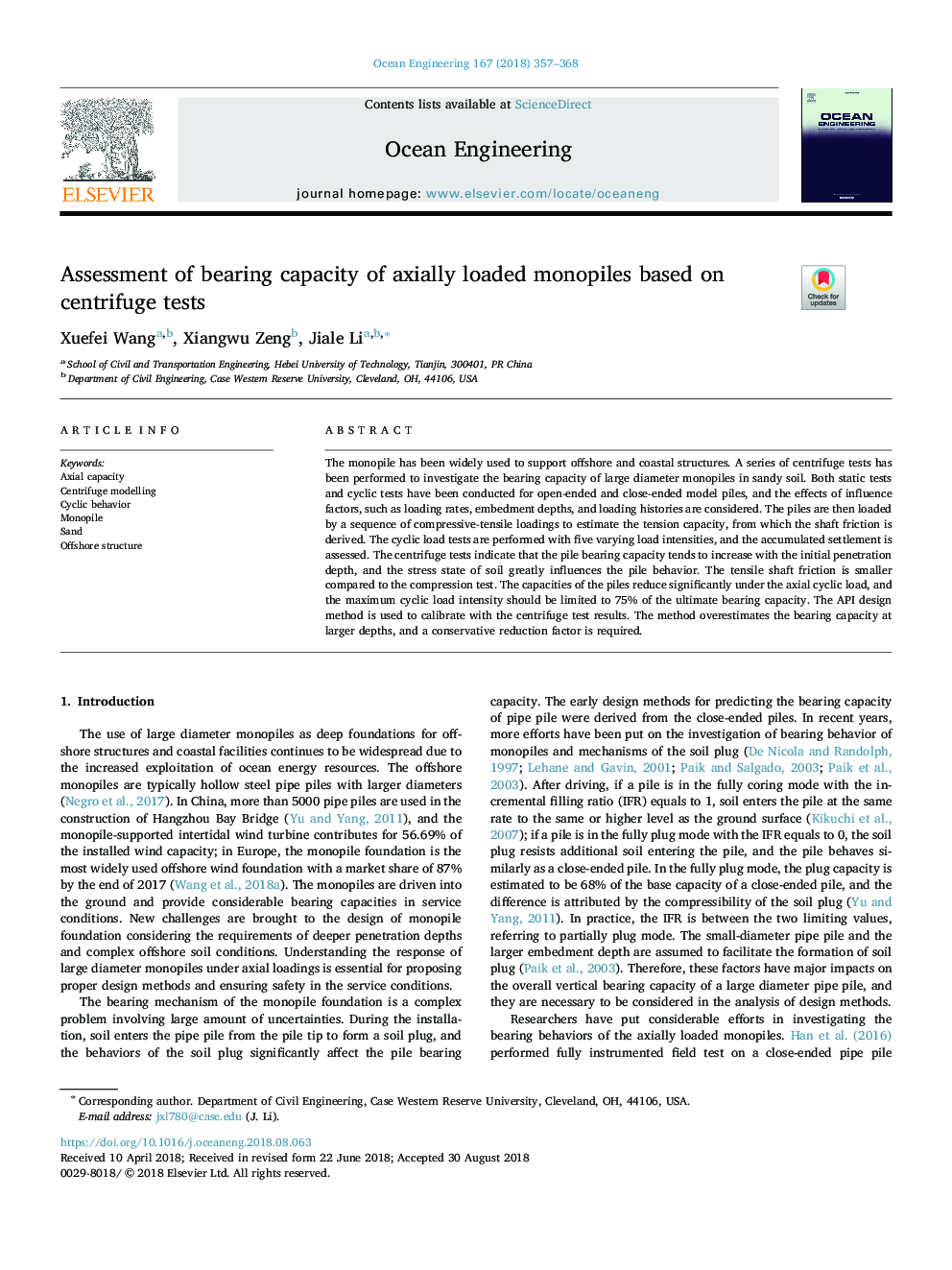 Assessment of bearing capacity of axially loaded monopiles based on centrifuge tests