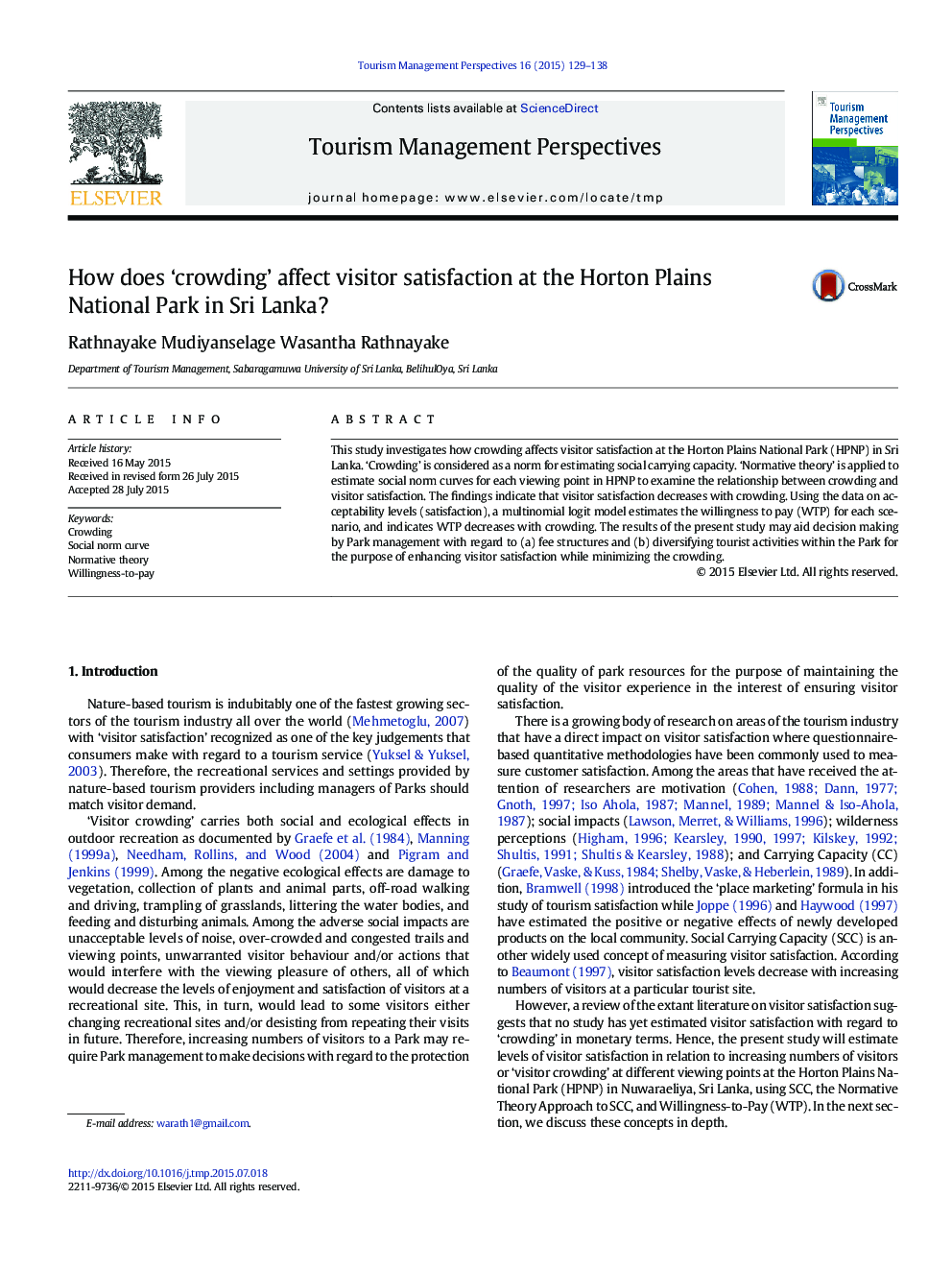 How does ‘crowding’ affect visitor satisfaction at the Horton Plains National Park in Sri Lanka?