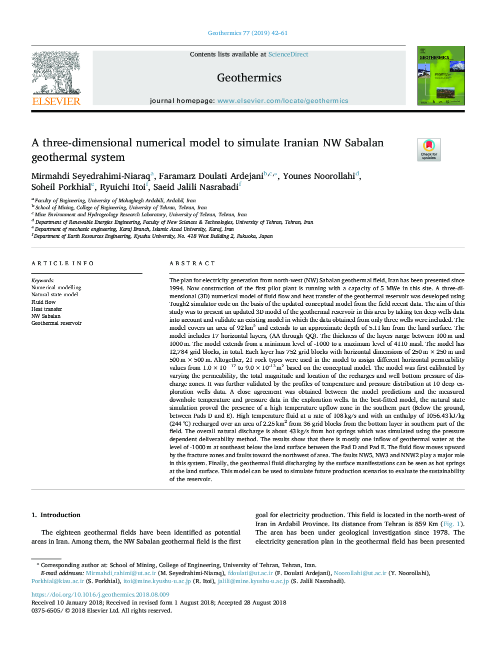 A three-dimensional numerical model to simulate Iranian NW Sabalan geothermal system