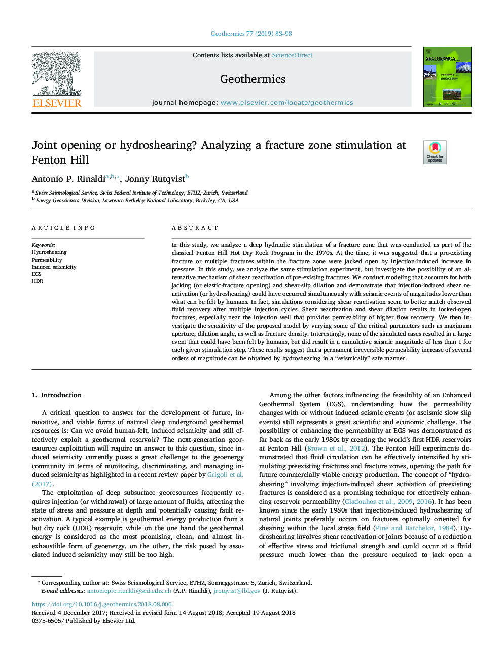 Joint opening or hydroshearing? Analyzing a fracture zone stimulation at Fenton Hill