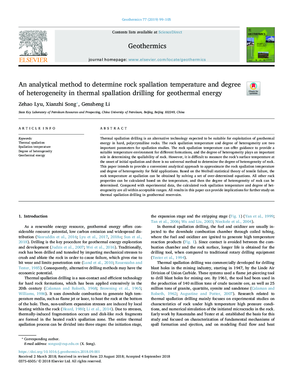 An analytical method to determine rock spallation temperature and degree of heterogeneity in thermal spallation drilling for geothermal energy
