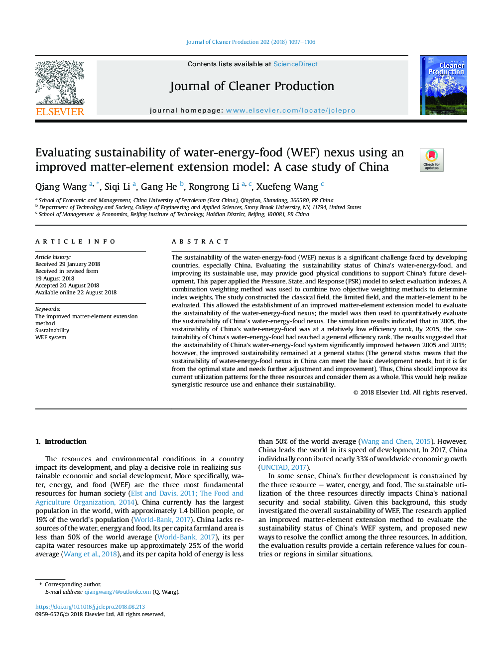 Evaluating sustainability of water-energy-food (WEF) nexus using an improved matter-element extension model: A case study of China