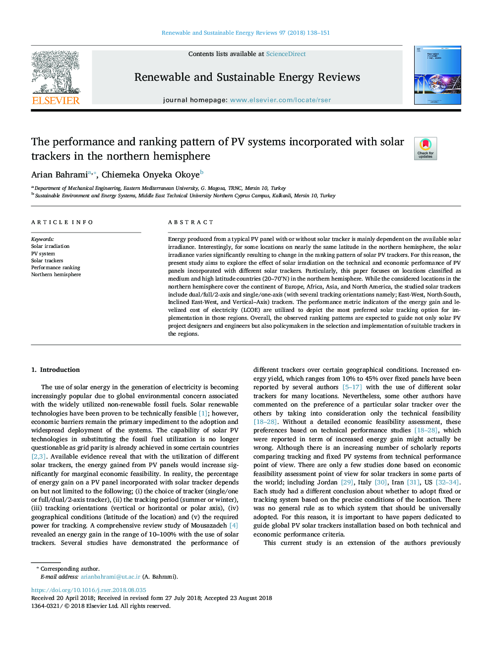 The performance and ranking pattern of PV systems incorporated with solar trackers in the northern hemisphere