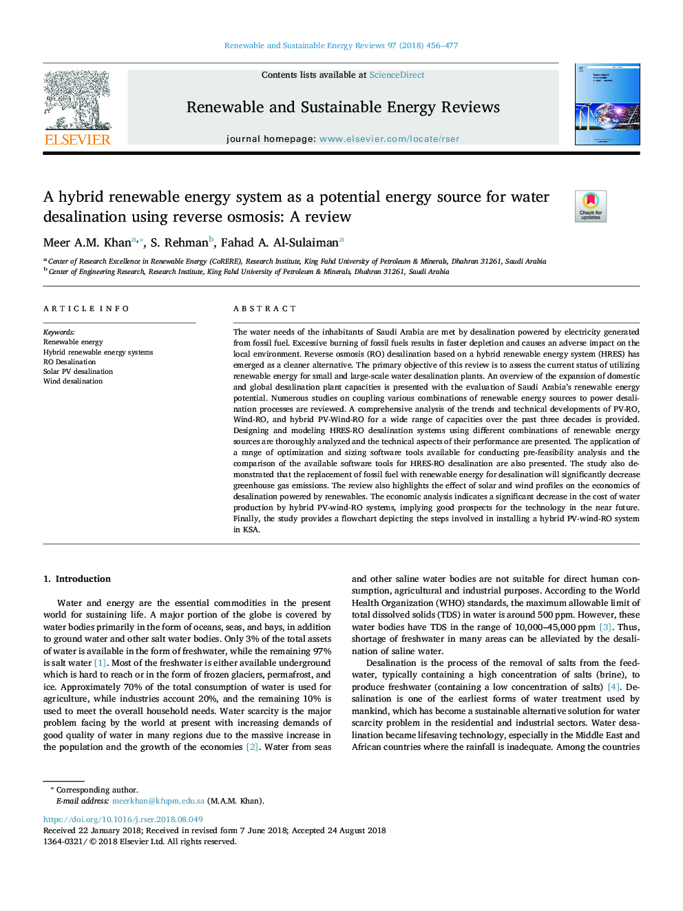 A hybrid renewable energy system as a potential energy source for water desalination using reverse osmosis: A review