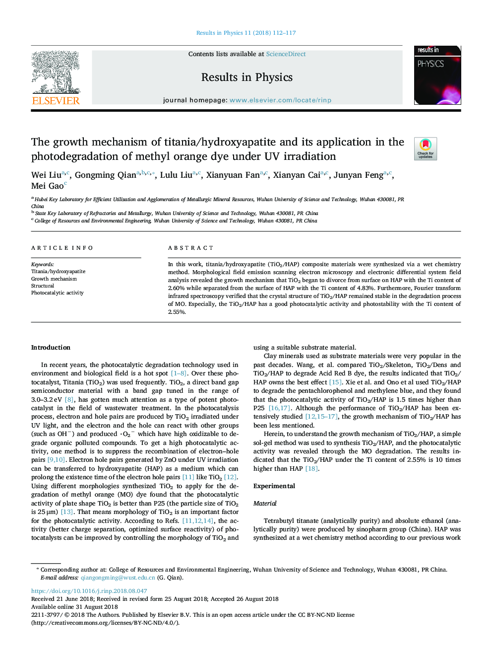 The growth mechanism of titania/hydroxyapatite and its application in the photodegradation of methyl orange dye under UV irradiation