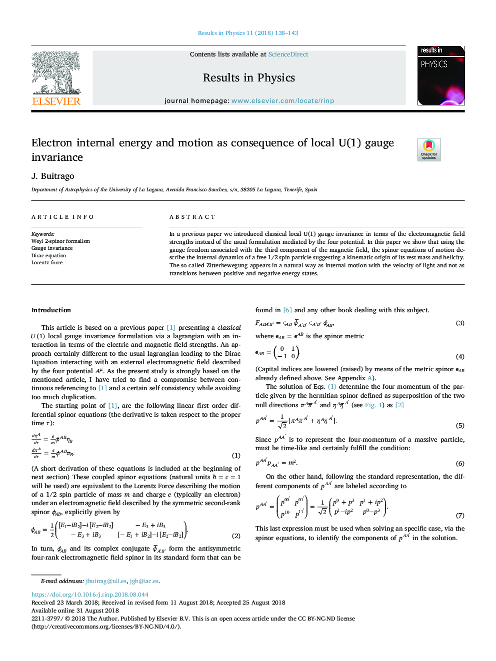 Electron internal energy and motion as consequence of local U(1) gauge invariance