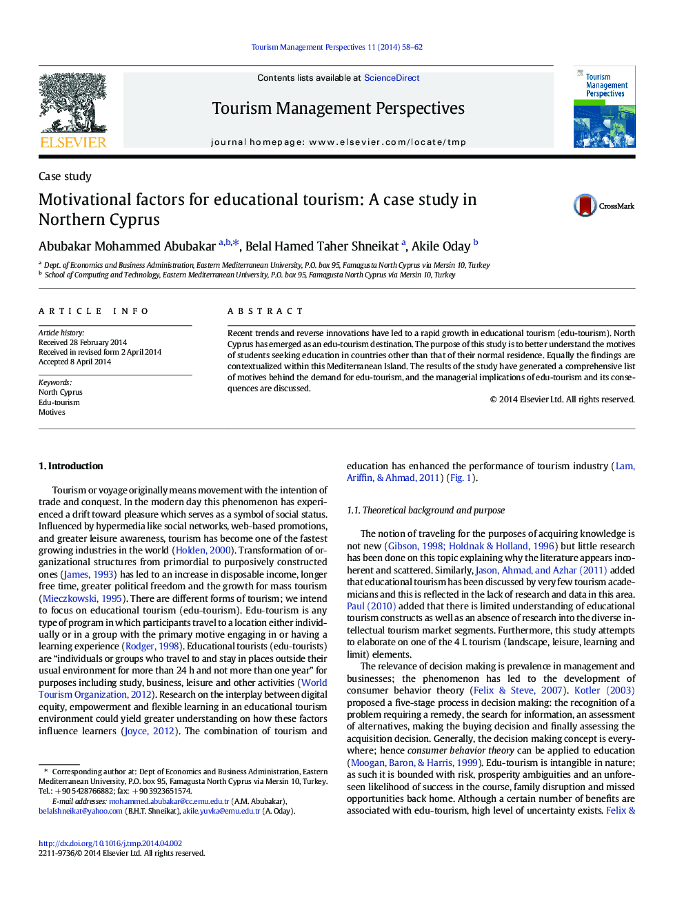 Motivational factors for educational tourism: A case study in Northern Cyprus