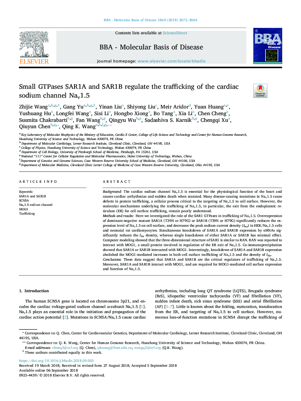 Small GTPases SAR1A and SAR1B regulate the trafficking of the cardiac sodium channel Nav1.5