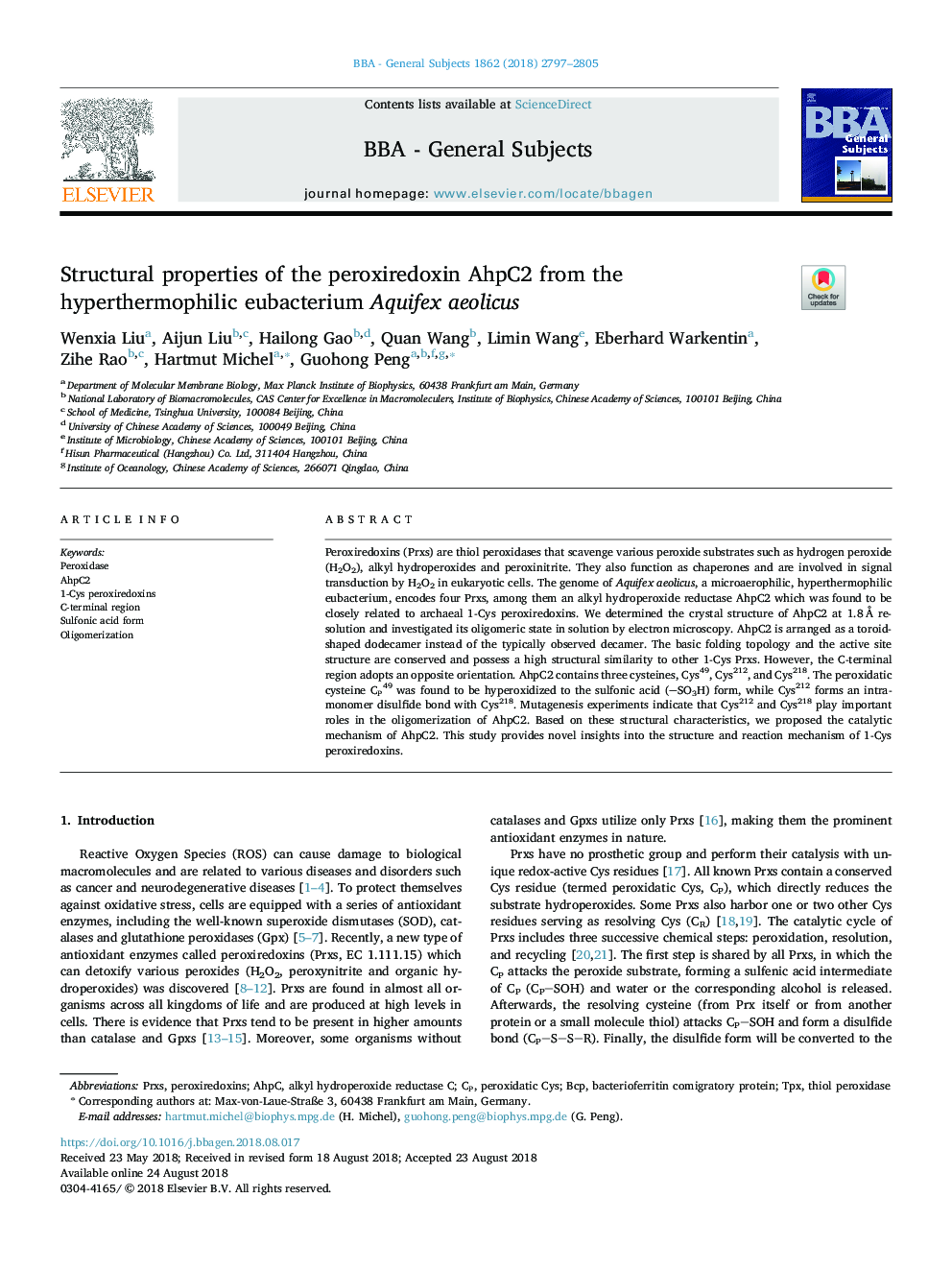 Structural properties of the peroxiredoxin AhpC2 from the hyperthermophilic eubacterium Aquifex aeolicus