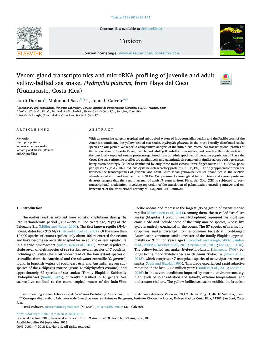 Venom gland transcriptomics and microRNA profiling of juvenile and adult yellow-bellied sea snake, Hydrophis platurus, from Playa del Coco (Guanacaste, Costa Rica)