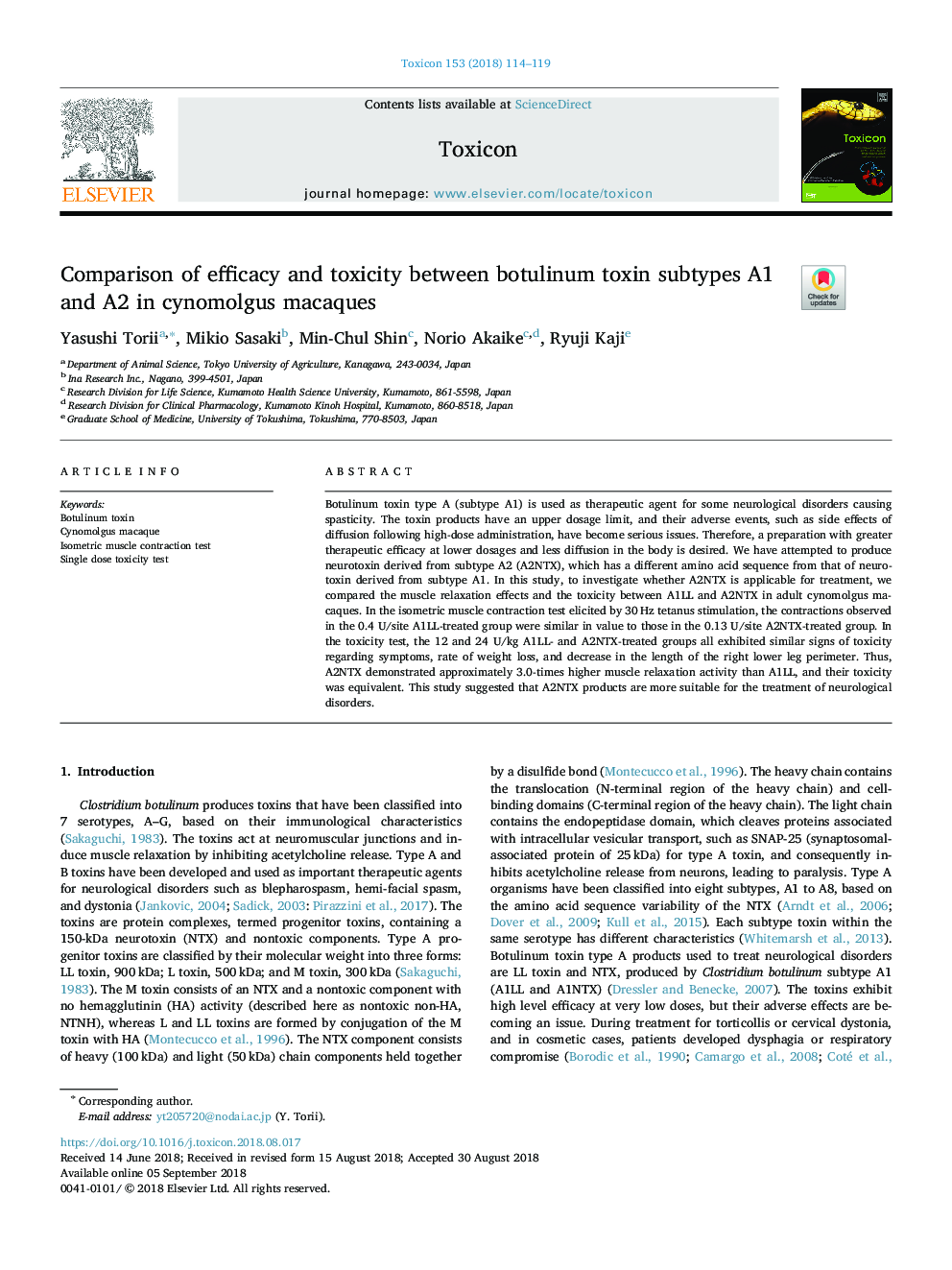 Comparison of efficacy and toxicity between botulinum toxin subtypes A1 and A2 in cynomolgus macaques