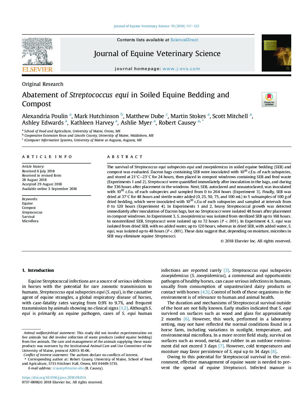 Abatement of Streptococcus equi in Soiled Equine Bedding and Compost