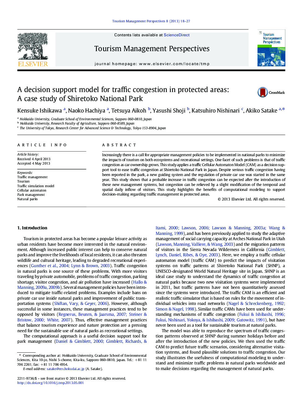A decision support model for traffic congestion in protected areas: A case study of Shiretoko National Park