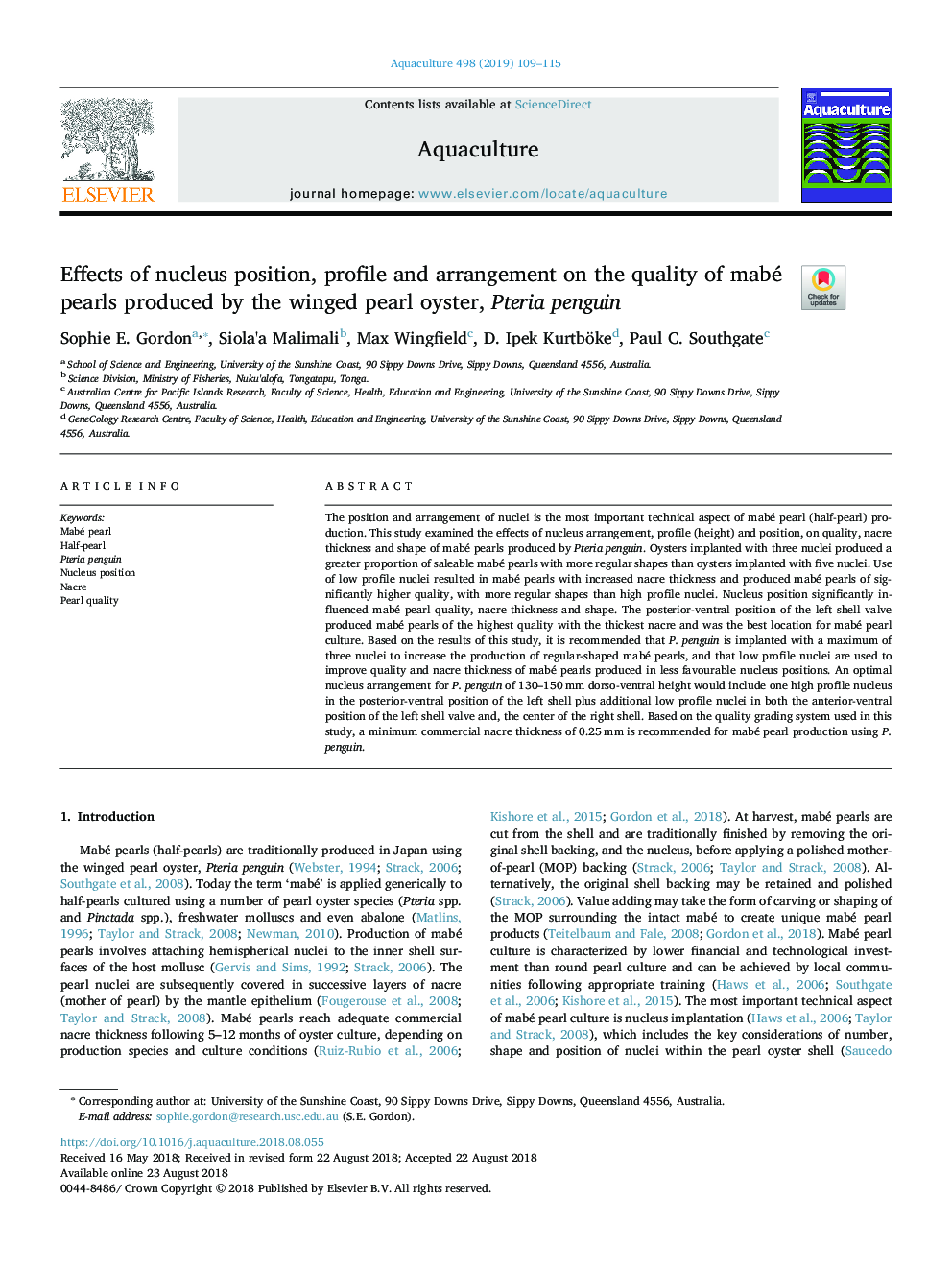 Effects of nucleus position, profile and arrangement on the quality of mabé pearls produced by the winged pearl oyster, Pteria penguin