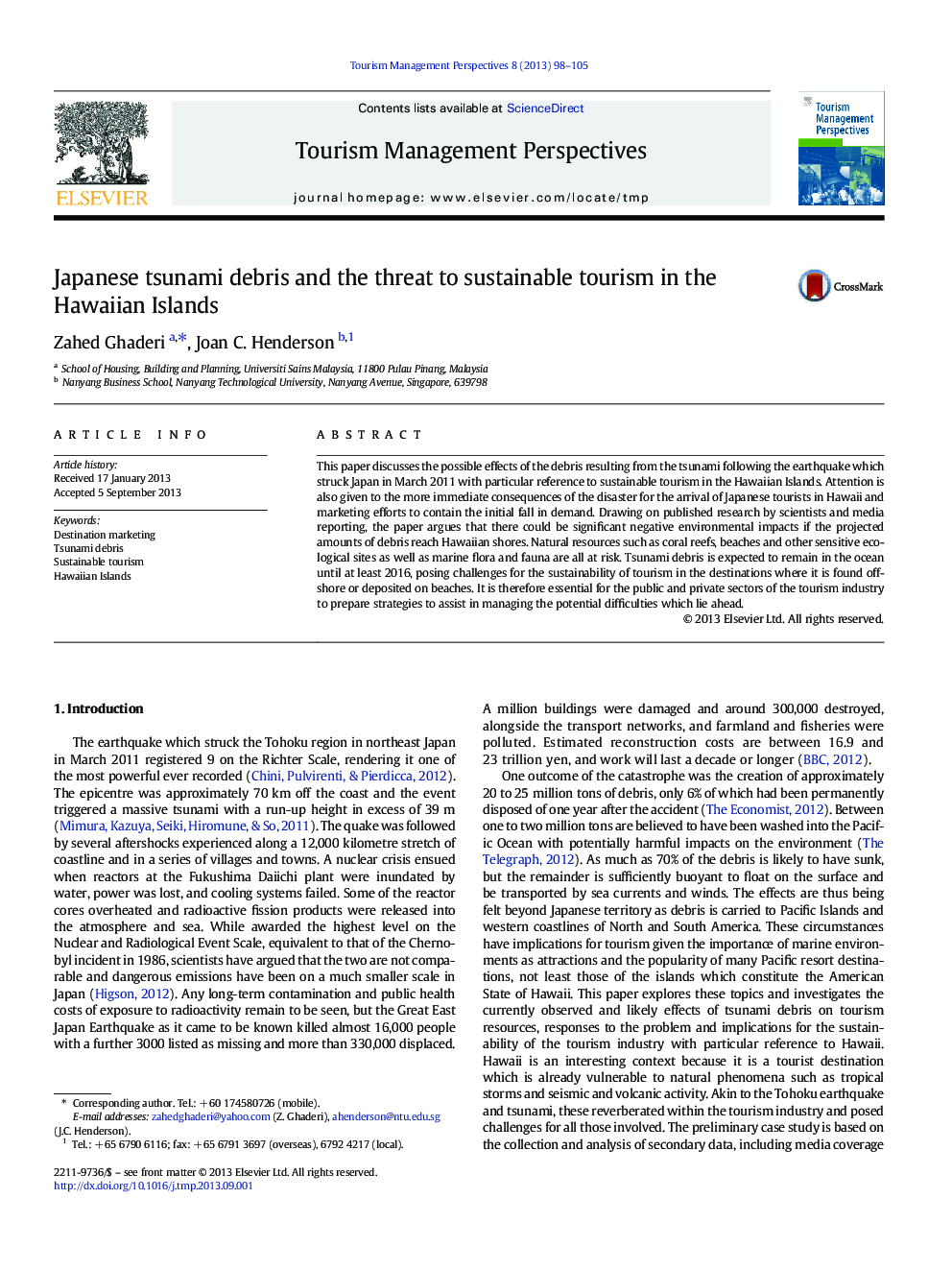 Japanese tsunami debris and the threat to sustainable tourism in the Hawaiian Islands