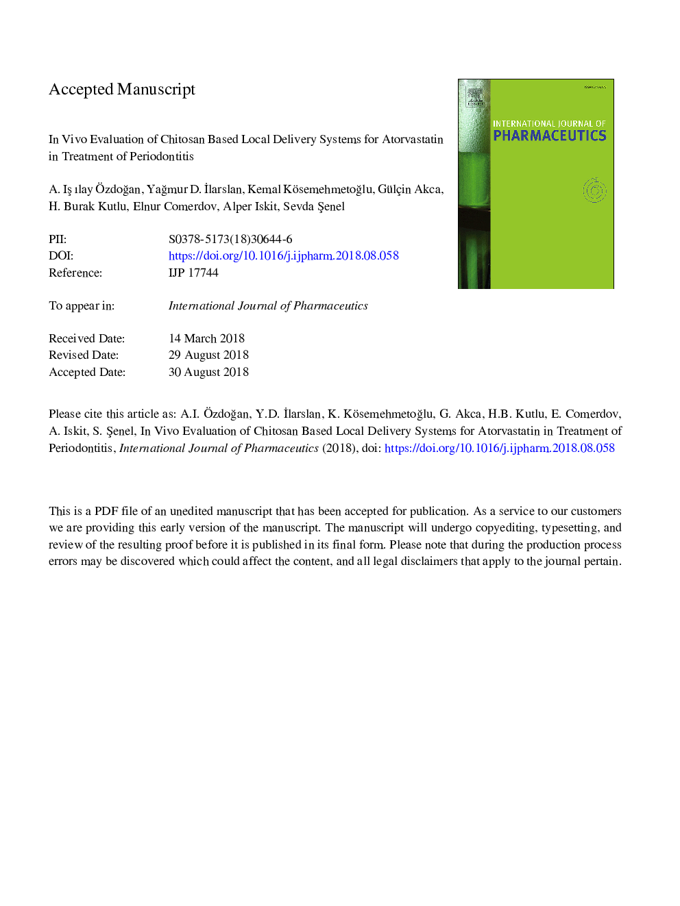 In vivo evaluation of chitosan based local delivery systems for atorvastatin in treatment of periodontitis