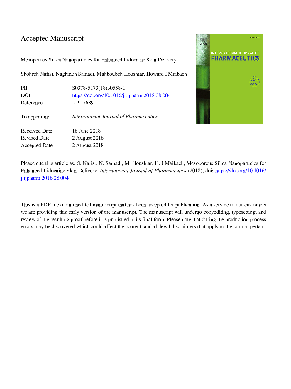 Mesoporous silica nanoparticles for enhanced lidocaine skin delivery