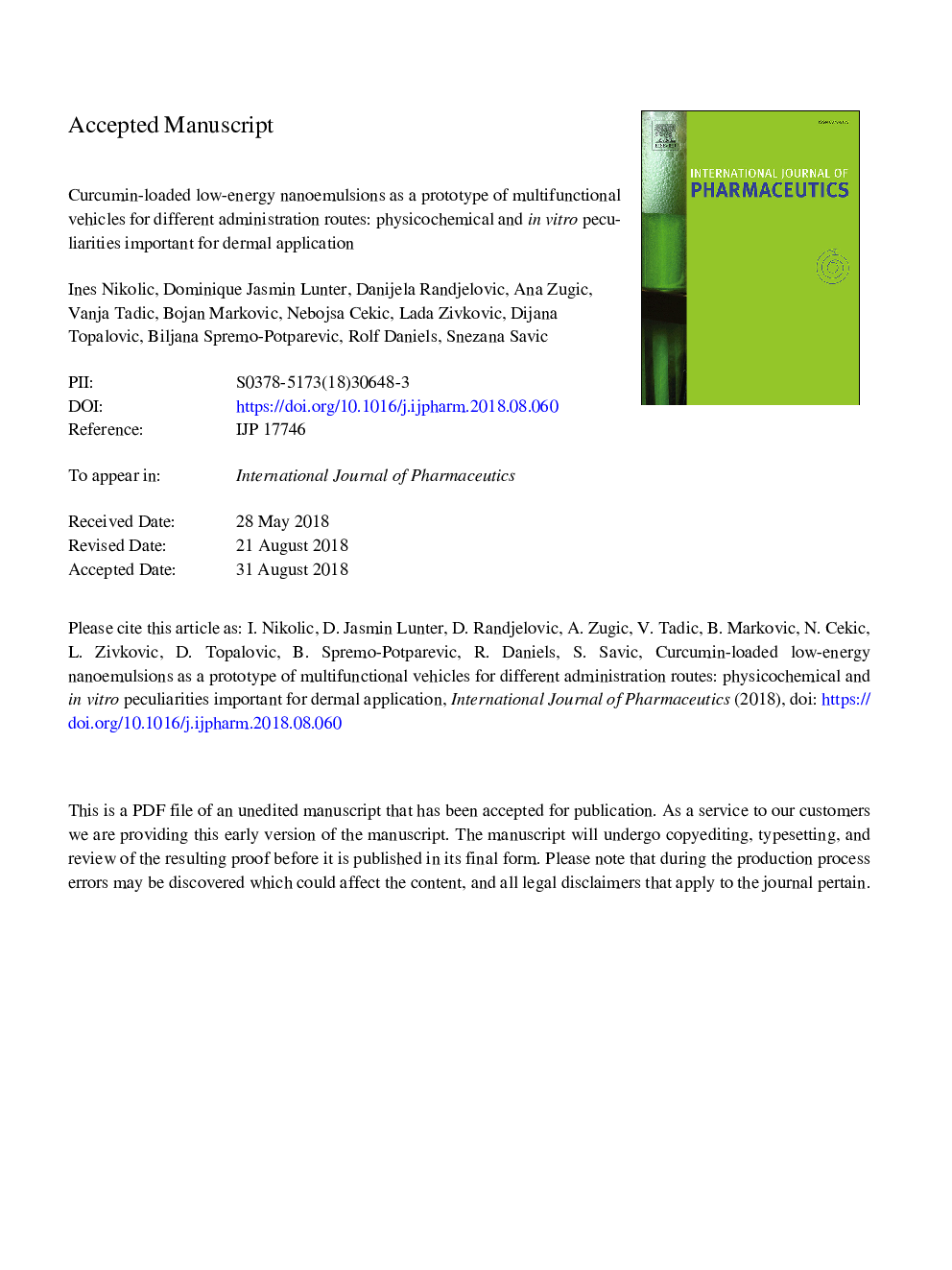 Curcumin-loaded low-energy nanoemulsions as a prototype of multifunctional vehicles for different administration routes: Physicochemical and in vitro peculiarities important for dermal application