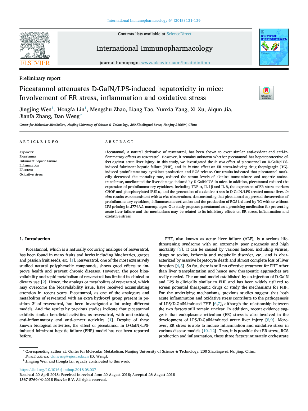 Piceatannol attenuates D-GalN/LPS-induced hepatoxicity in mice: Involvement of ER stress, inflammation and oxidative stress