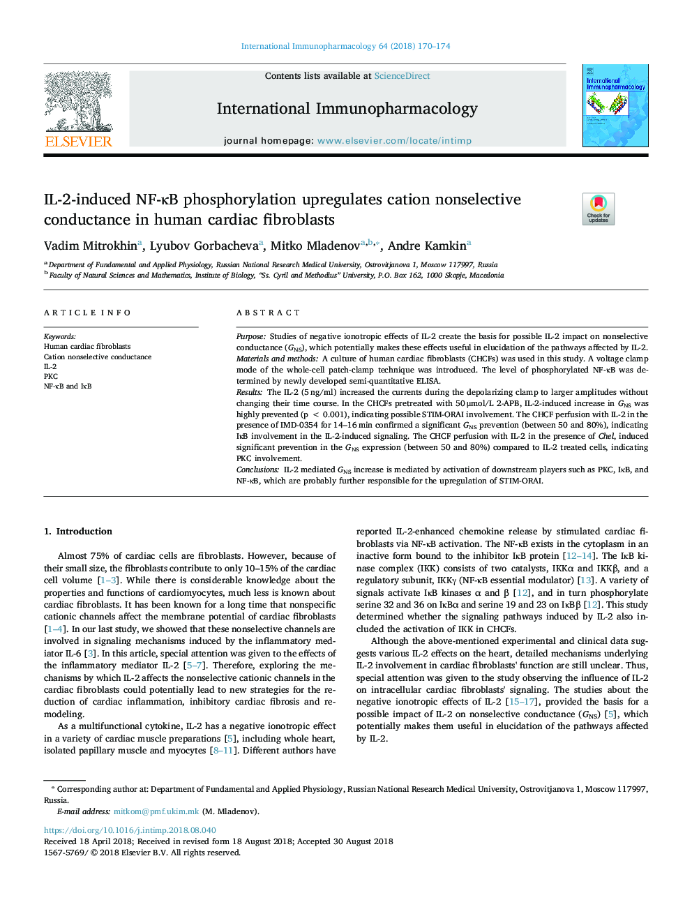 IL-2-induced NF-ÎºB phosphorylation upregulates cation nonselective conductance in human cardiac fibroblasts