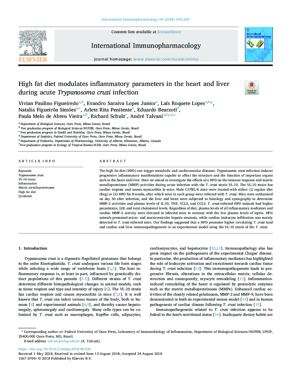 High fat diet modulates inflammatory parameters in the heart and liver during acute Trypanosoma cruzi infection