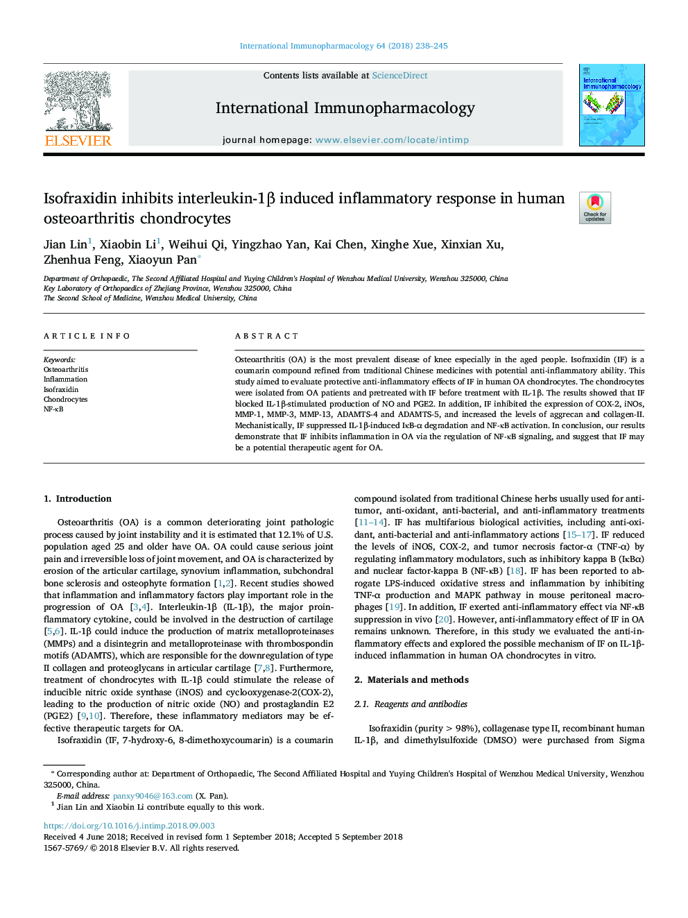 Isofraxidin inhibits interleukin-1Î² induced inflammatory response in human osteoarthritis chondrocytes