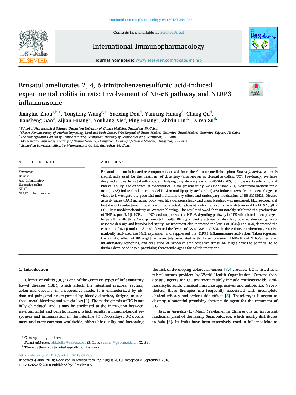 Brusatol ameliorates 2, 4, 6-trinitrobenzenesulfonic acid-induced experimental colitis in rats: Involvement of NF-ÎºB pathway and NLRP3 inflammasome