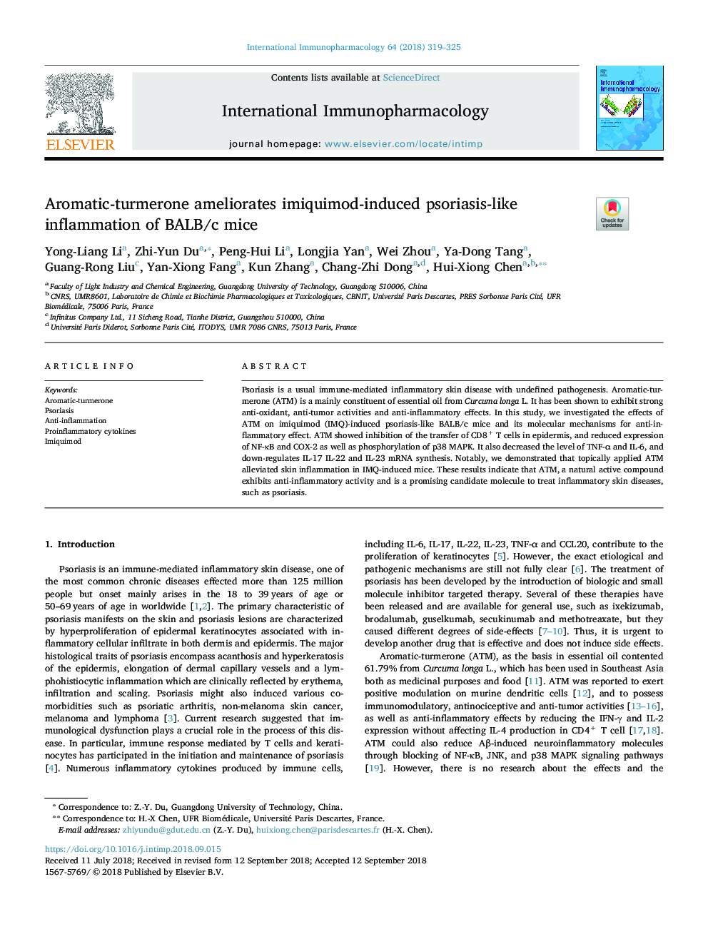 Aromatic-turmerone ameliorates imiquimod-induced psoriasis-like inflammation of BALB/c mice