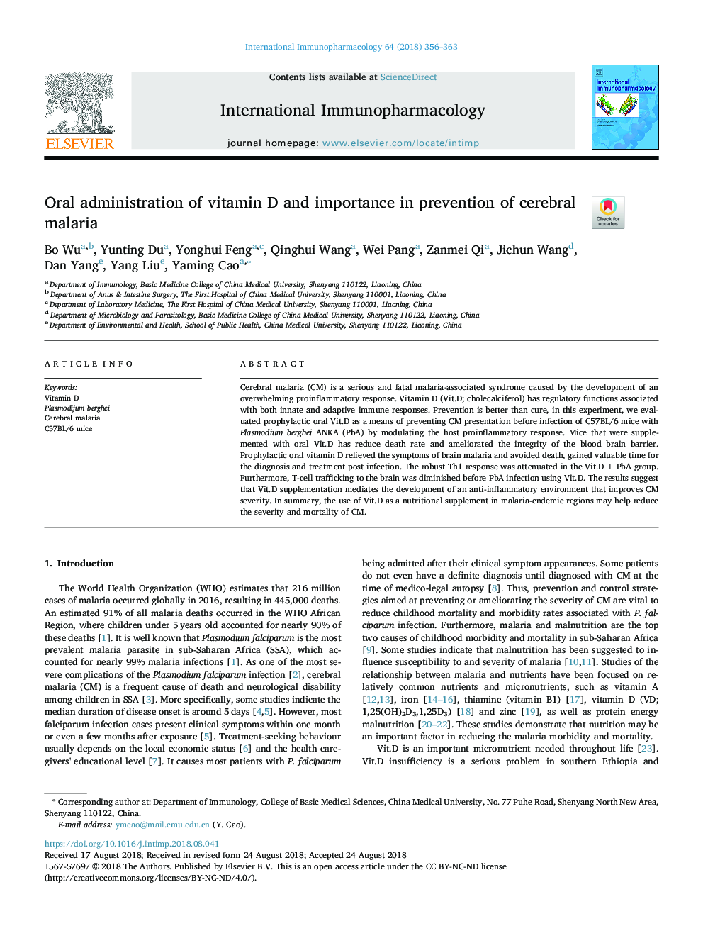 Oral administration of vitamin D and importance in prevention of cerebral malaria