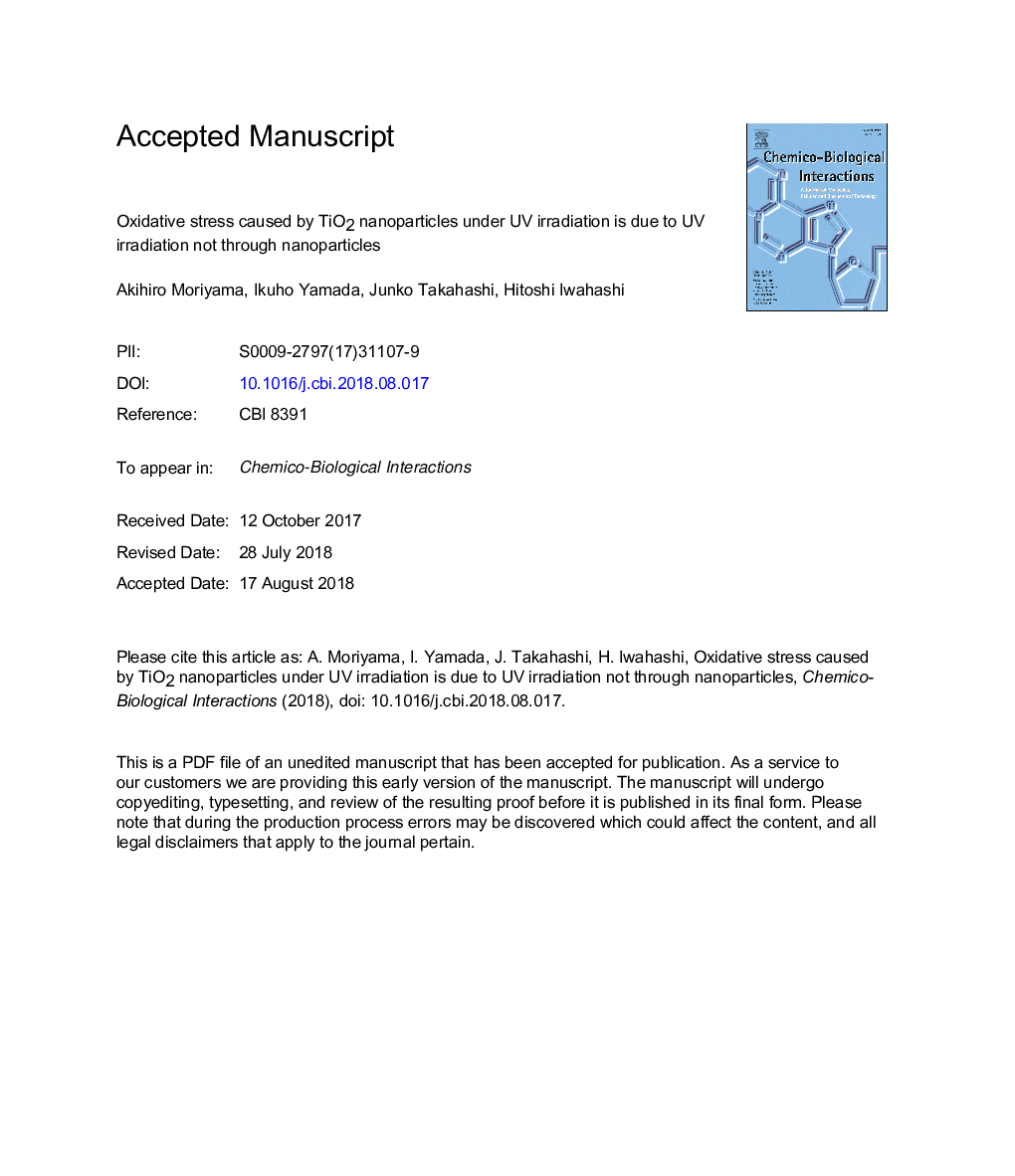 Oxidative stress caused by TiO2 nanoparticles under UV irradiation is due to UV irradiation not through nanoparticles