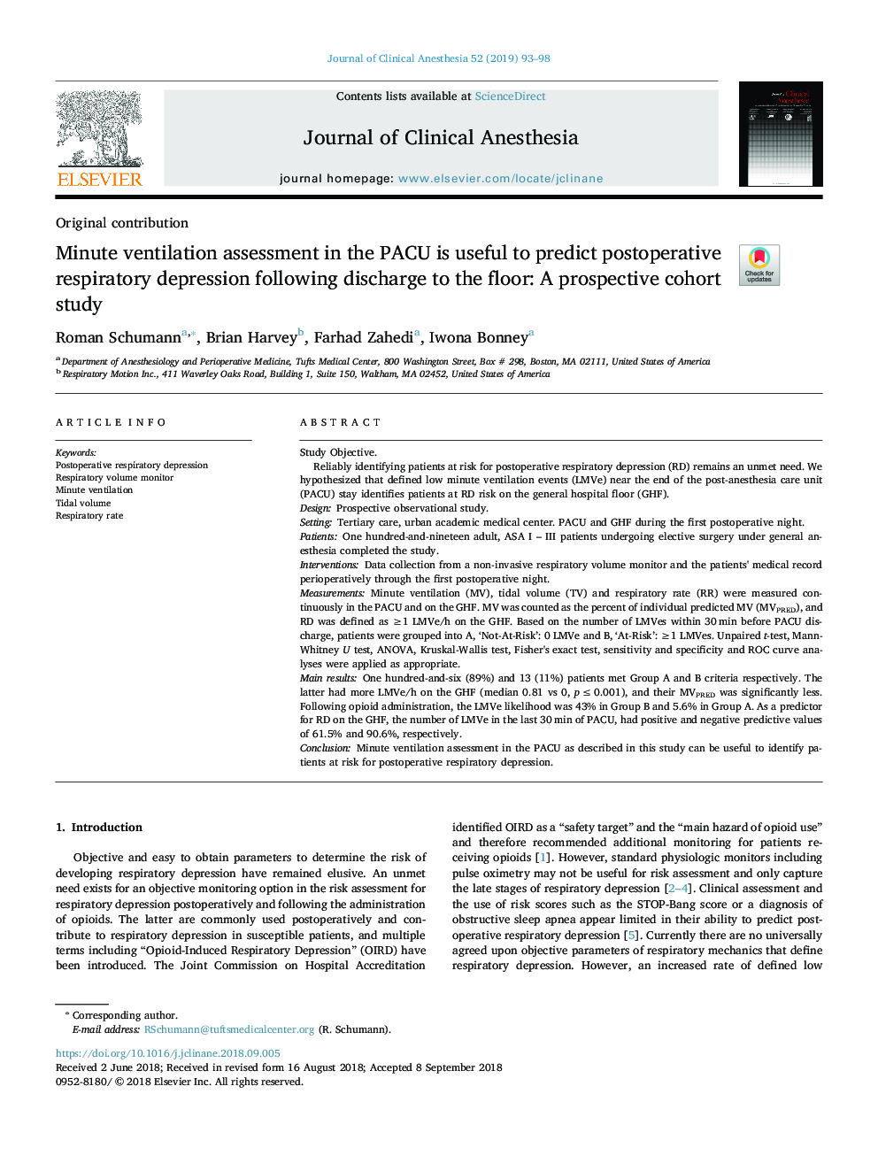 Minute ventilation assessment in the PACU is useful to predict postoperative respiratory depression following discharge to the floor: A prospective cohort study