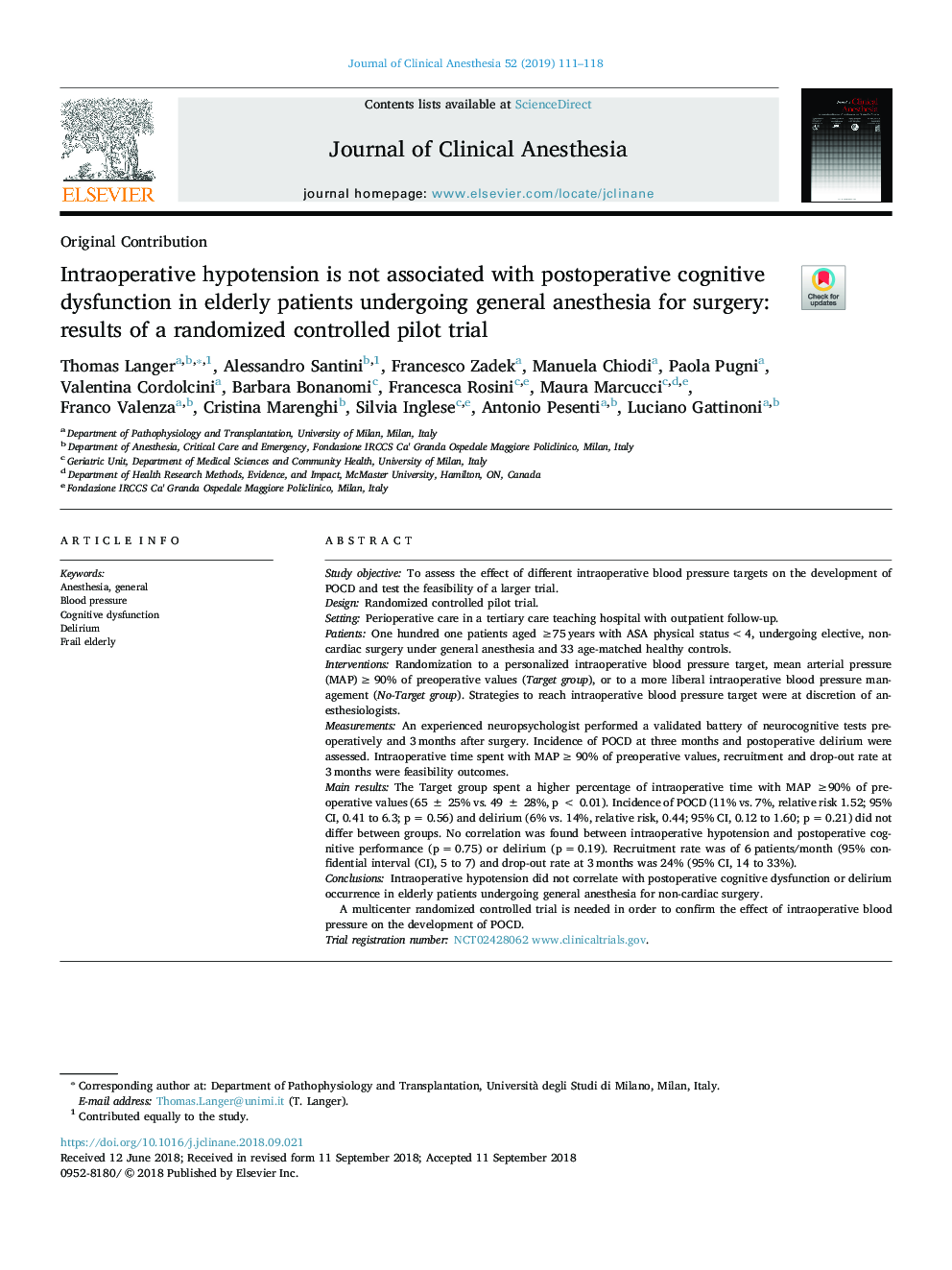 Intraoperative hypotension is not associated with postoperative cognitive dysfunction in elderly patients undergoing general anesthesia for surgery: results of a randomized controlled pilot trial