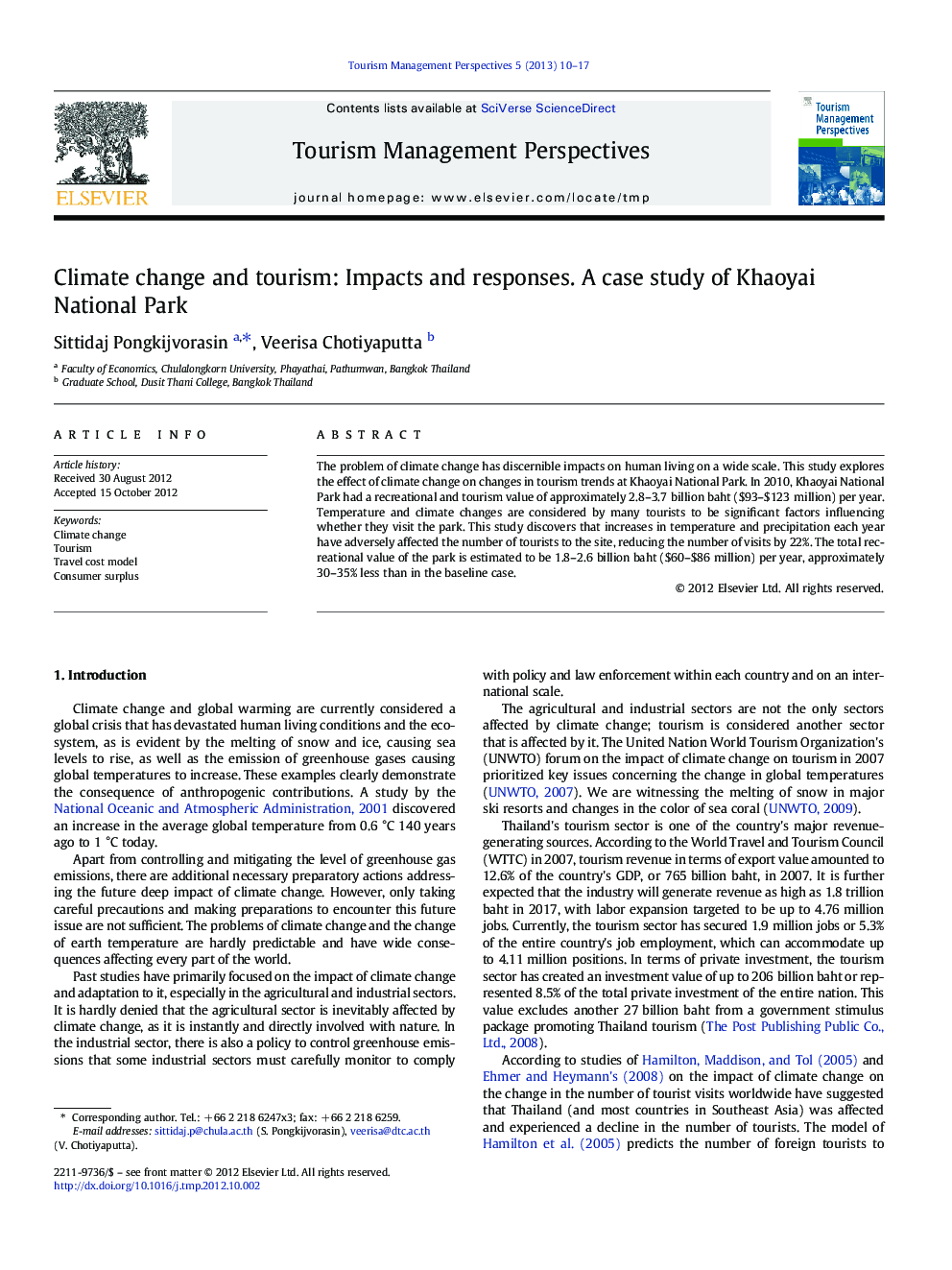 Climate change and tourism: Impacts and responses. A case study of Khaoyai National Park