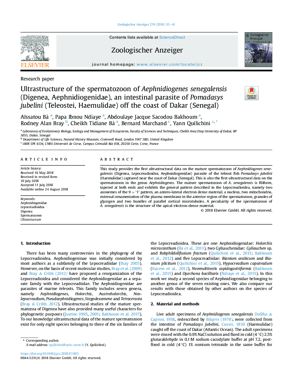 Ultrastructure of the spermatozoon of Aephnidiogenes senegalensis (Digenea, Aephnidiogenidae), an intestinal parasite of Pomadasys jubelini (Teleostei, Haemulidae) off the coast of Dakar (Senegal)