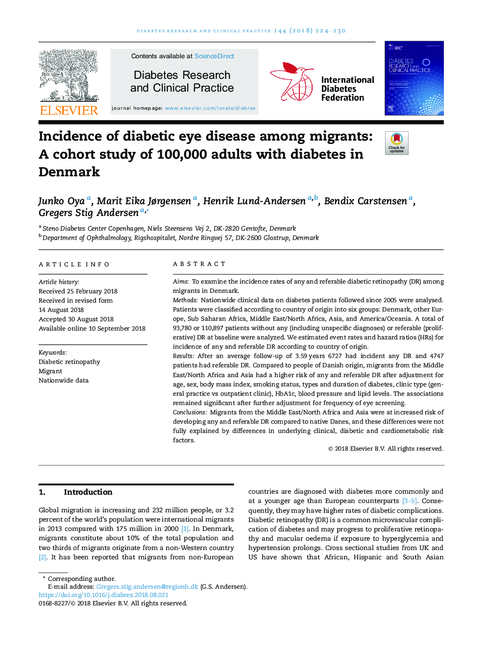 بروز بیماری چشم دیابتی در میان مهاجران: یک مطالعه کوهورت 100،000 بزرگسال مبتلا به دیابت در دانمارک