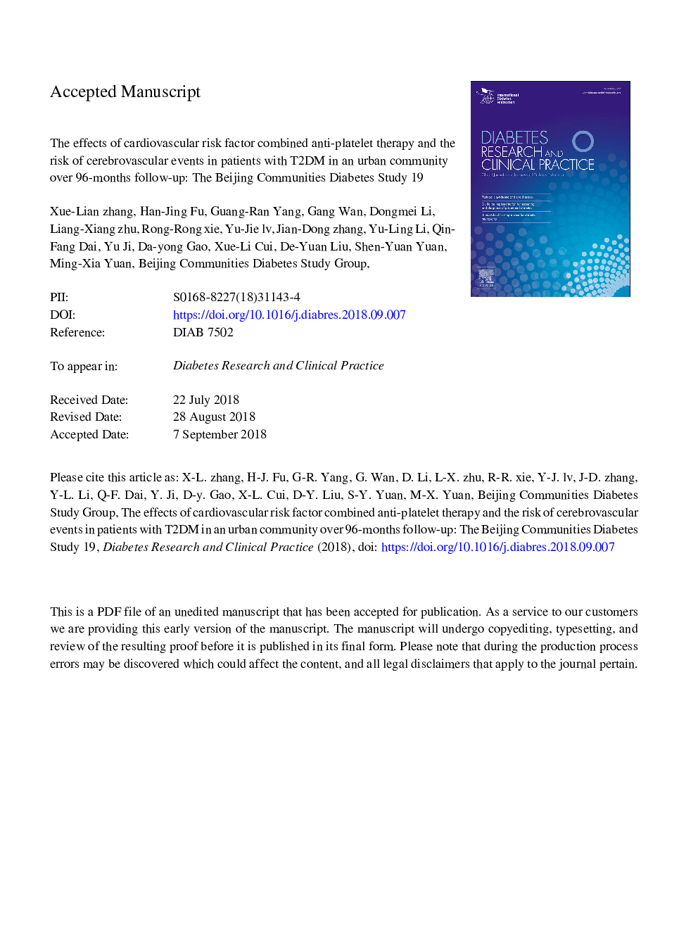 The effects of cardiovascular risk factor combined anti-platelet therapy and the risk of cerebrovascular events in patients with T2DM in an urban community over 96-months follow-up: The Beijing communities diabetes study 19