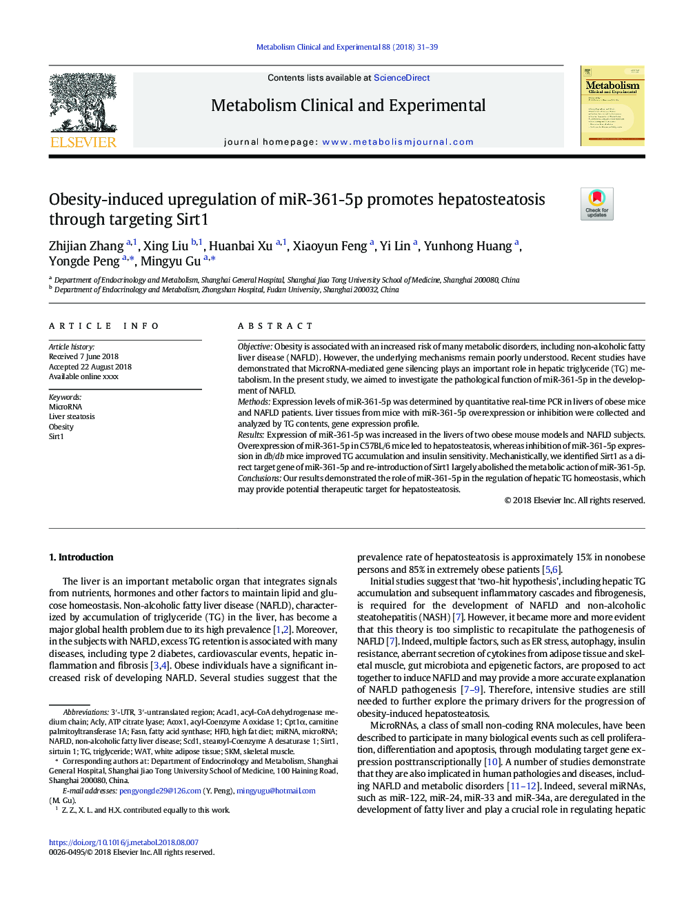 Obesity-induced upregulation of miR-361-5p promotes hepatosteatosis through targeting Sirt1