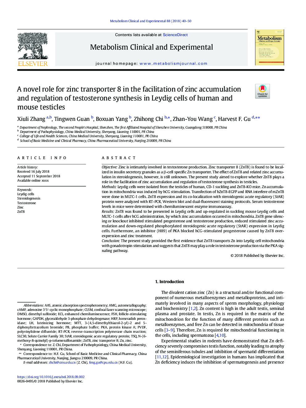 A novel role for zinc transporter 8 in the facilitation of zinc accumulation and regulation of testosterone synthesis in Leydig cells of human and mouse testicles