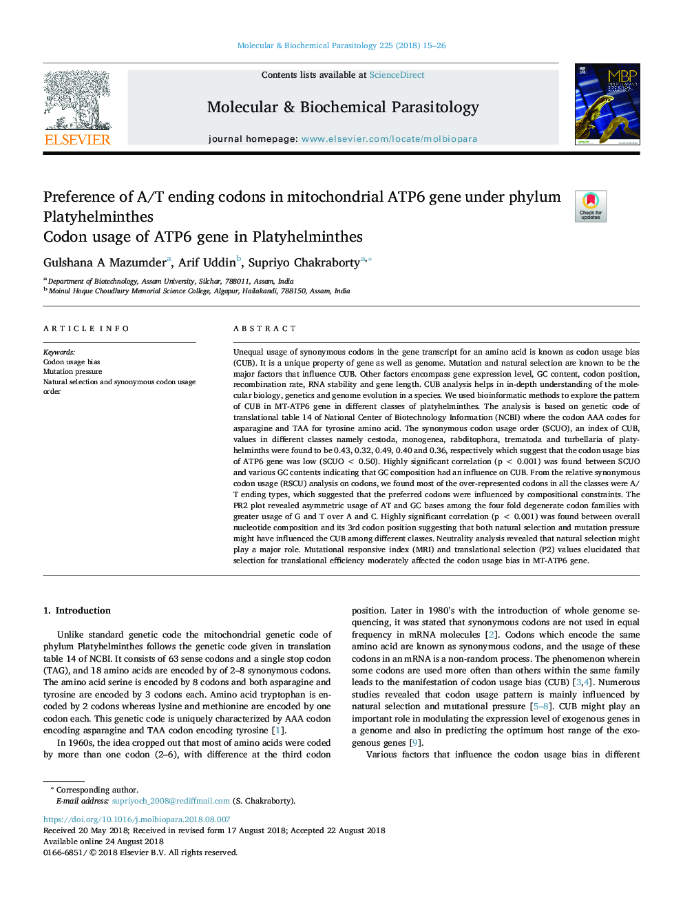 Preference of A/T ending codons in mitochondrial ATP6 gene under phylum Platyhelminthes